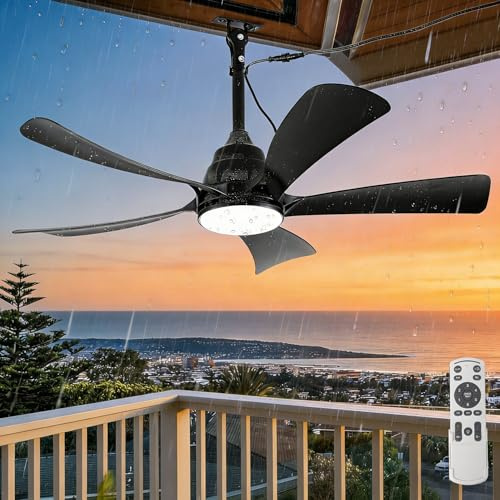 Ventilatore da Soffitto Esterno con Illuminazione Impermeabile IP65 Ventilatore da Soffitto con Telecomando Nero 106 cm Dimmerabile Ventilatore Soffitto Silenzioso con Luce 6 Velocità per Gazebo Patio