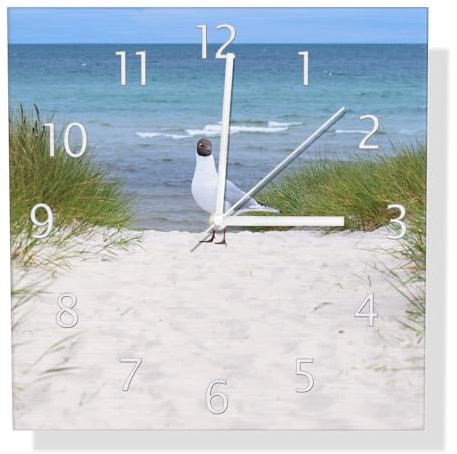 Wallario Design Wanduhr Möwe auf der Düne aus Aluverbund, Alu-Uhr Größe 30 x 30 cm, weiße Zeiger mit Metalloptik
