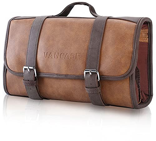 Vancase Trousse de Toilette à Suspendre pour Homme en Cuir pour Salle de Bain et Douche, kit d'accessoires de Maquillage de Voyage/Excellent Cadeau, Marron, Style rétro, va avec Tout, Charme Mature,