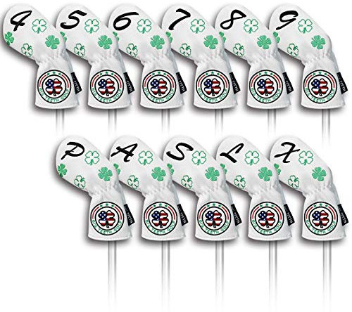 Big Teeth Golf Iron Head Covers Long Neck 11pcs Lucky Clover Pattern Golf Club Protector with Number Tag (White)