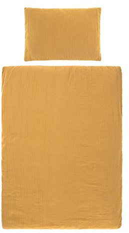 LÄSSIG Baby/Kinder Bettbezug (100 x 140 cm) und Kissen (40 x 60 cm) GOTS Muslin Baumwolle mustard