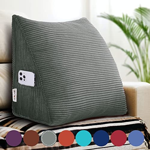 VERCART Rückenkissen Keilkissen Rückenlehne Kissen für Bett Sofa Kopfteil Gepolstert Bettkissen Wandkissen Sofakissen Groß Rueckenkissen Couchkissen Dekokissen Kordsamt 45cm Grau