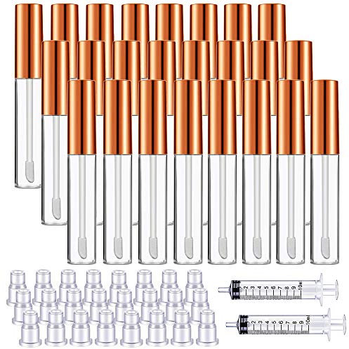 N/A 24 transparente Lipgloss-Tuben mit Pinselspitze, nachfüllbarer Lippenglasurbehälter und 2 Stück 10 ml Kunststoffspritze für DIY-Make-up (Roségold)