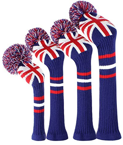 Knit Woods Golf Head Covers, Set of 4, UK Pattern, Fit Driver (460CC) Fairways hybrid/UT. Soft and Elastic, Decorative Your Golf Bag to Make It Stand Out