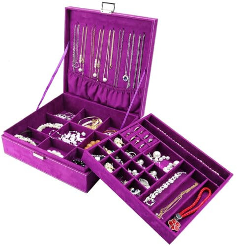ProCase Schmuck Kästchen Organizer für Frauen, Zwei Schicht Schmuck Display Aufbewahrung Koffer mit 8 Halsketten Bügeln und herausnehmbarem Trennsteg für Ohrringe Armbänder Ringe -Lila