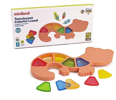 Miniland - Eidechse mit durchsichtigen Steckelementen. Sinnesstimulierend für Kleinkinder, recycelte Materialien, Kollektion Feel to Learn