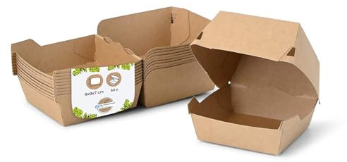 BIOZOYG Take Away Burger Box 50 pièces I To Go boîtes à hamburgers avec couvercle à charnière haute pour mini burger et Chicken Nuggets I emballage en carton brun 9 x 9 x 7 cm biodégradable