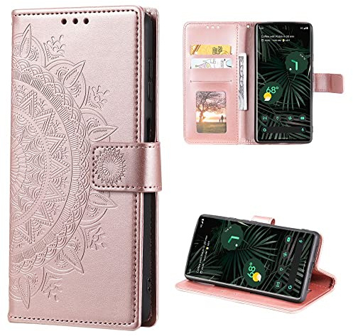 CoverKingz Handyhülle kompatibel mit Google Pixel 6 Pro - Handytasche mit Kartenfach Klapphülle Case - Handy Hülle klappbar Motiv Mandala Rosegold