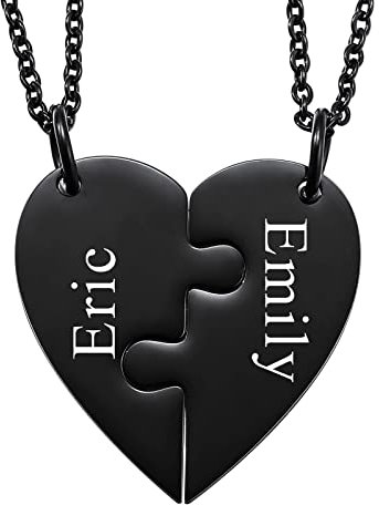 INBLUE Personalized Necklace for Men/Women, Couple/Friendship Necklace for 2/3/4/5 Pieces, Black/Silver Heart Puzzle Piece Necklace Sets, Name/Text Engraving Stainless Steel Necklace (2pc)