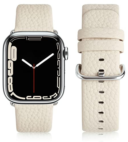 Wristitani Leather Straps Compatible with Apple Watch Strap 42mm 44mm 45mm 49mm, Men Women Replacement Genuine Leather Strap for iWatch Series Ultra 8 7 6 SE 5 4(Ivory White, Silver Buckle)