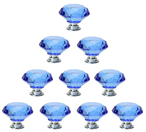 JIABOSE 10pcs 40mm Blue Crystal Door Knobs for Cabinet Drawer Wardrobe Home Decorating with Silver Base