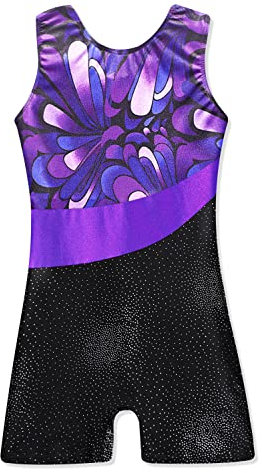 XiaoMoSha Mädchen Gymnastikanzug, Kurzarm Glitzer Mädchen Ballettanzug, Kinder Indoor Kleidung Ballett Trikot, Violett, 7-8 Jahre