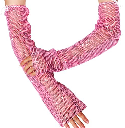 GEMILY Fingerlose Netz-Armstulpen mit Strasssteinen für Damen, rosa / weiß, Einheitsgröße