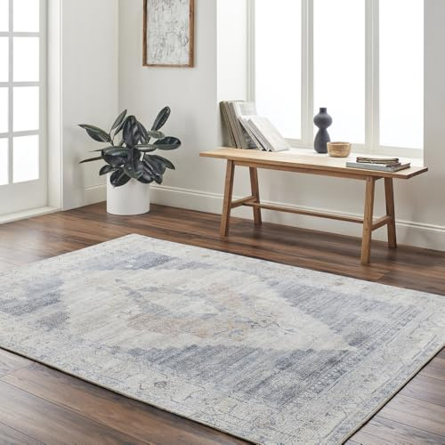 Livabliss x Becki Owens Luca Vintage Carpet 160x213 cm, Traditional Multicolour Boho Design for Living Room, Dining & Kitchen, Easy Care Pile, Ivory Blue Grey
