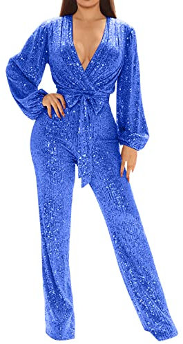 MODSGUE Fitness Anzug Damen Set Damenmode Lässig Sexy V-Ausschnitt Langarm Pailletten Jumpsuit Weites Bein Hosen Jumpsuit