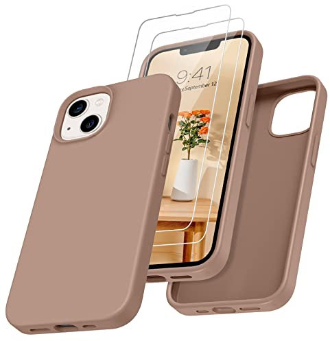 DUEDUE Coque pour iPhone 13 avec 2 Verre Trempé, Etui pour iPhone 13 Silicone Liquide Antichoc, Doublure Micro-Fibre Velours Anti-Rayures, Protection Ecran de Téléphone pour iPhone 13, Marron