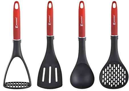 BERGNER Classique | 4er-Set Küchenutensilien mit Spatel, Schaumlöffel, Schöpflöffel und Kartoffelpresse | Mit grünem Griff | Stabile Utensilien | Mit Aufhängeloch