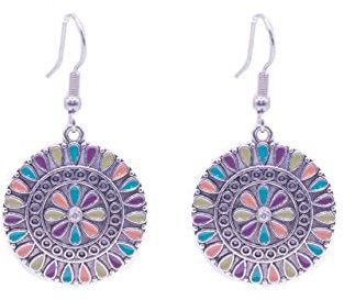 Pendientes bohemio vintage de plata tibetana y acero inoxidable plateado. Pendientes redondos mujer colgantes. Pendientes mujer esmaltado Ideal para regalar. (Redondo)