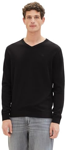 TOM TAILOR Herren Basic Pullover mit V-Ausschnitt aus Baumwolle, 29999 - Black, XXXL