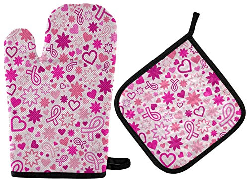Valentinstag rosa Band Herz Blume Hoffnung Ofenhandschuh Topflappen festliches Muttertag Valentinstag Geschenkset hitzebeständiger Kochhandschuh Küchentopflappen zum Grillen BBQ Backen