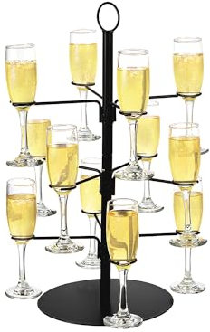 Cocktail Tree Stand, Wine Glass Flight Tasting Display For Drinks, 3 Tier - 12 Holders Champagne Tower Stand For Champagne, Cocktails, Martini, Margarita Cups at Weddings, Bridal Shower (Black)