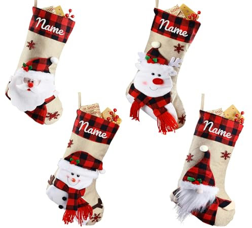 iDIY Weihnachtsstrumpf Personalisiert - 4 Stück, 3D Weihnachtsmann Rentier Gnom Schneemann Nikolausstrumpf mit Namen Kinder