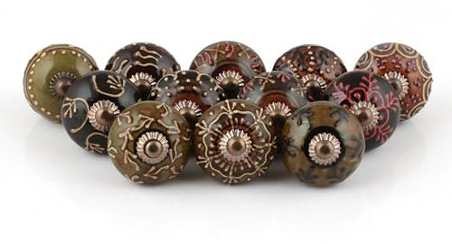 Rasiya Art Drawer Knobs for Cupboards - Decorative Hand Painted Ceramic Pull Handles Boho Home Decor Cabinet Knobs - Pack of 12