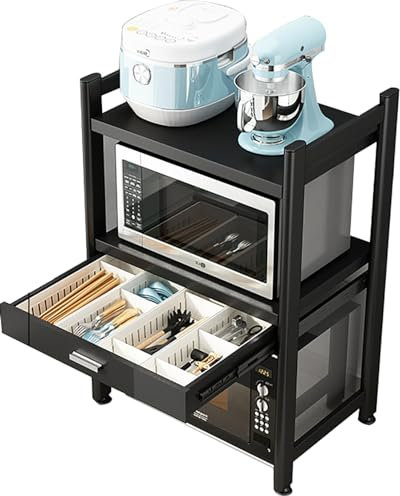 Morlinca Mikrowellen Regal Mit Schublade 2-3Stufiges Mikrowellen Ofenständer Küchen Organizer Küchenregal Stehend Gewürz Töpfe Und Pfannen Microwave Oven Toaster Coffee Machine,Schwarz,Third Layer