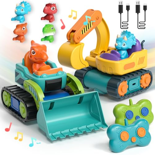 Lehoo Castle Remote Control Cars, Dinosaur Digger Toys Cars for Kids, Construction Toys for 1 2 3 Year Old Boys with Music & Sound, Toddler RC Truck Gifts for 1-3 Year Old Kids