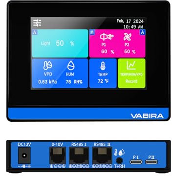 VABIRA VBR-LightFan Control Grow Light, ventilatore da condotto in linea e VPD. Registra temperatura, umidità, VPD. Schermo tattile. RJ11, RJ14.
