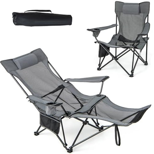SPOTRAVEL Folding Camping Chair for Adults, Portable Reclining Camp Chair with Detachable Footrest, Adjustable Backrest, Headrest & Carry Bag, Outdoor Recliner Chair for Hiking Fishing Picnic (Gray)