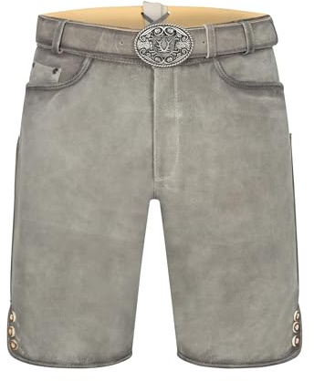 Krüger Herren Trachten Lederhose kurz, Modell: Lorenzo mit Gürtel, Knielang, grau und braun, Tracht, Volksfest