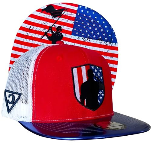Capiche [99+ Designs] Weißer Trucker Snapback Hut, 4th of July, Unabhängigkeitstag, USA, Amerikanische Flaggenkappe, Weißes Netz, Blaue Flache Krempe, Patriotic Cap