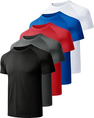 miijoory Mens Gym Shirts Quick Dry Performance Plain Sports Tops Short Sleeve Athletic Moisture Wicking Workout T Shirt 5 Pack (XXL, Black, Dark Grey, White, Blue, Red)