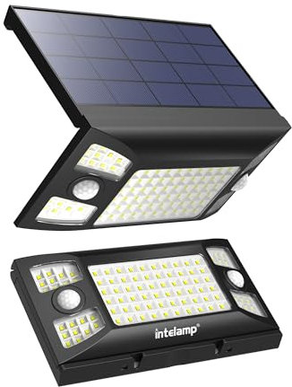 INTELAMP Luce Solare Led Esterno, 2 Unità Lampada Solare da Esterno con Sensore di Movimento,4000mAh 3 Modalità Luci da Esterno Giardino Faro Led Esterno con Pannello Impermeabili per Giardino,Garage