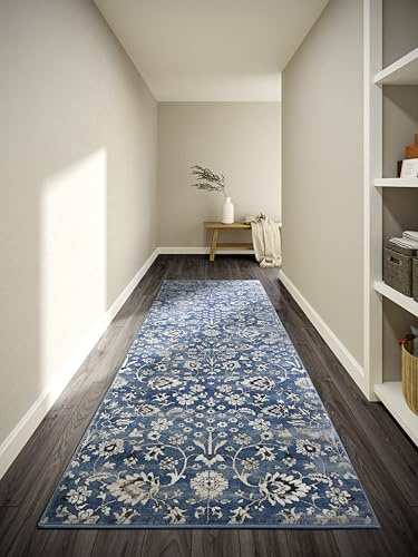 Villeroy & Boch Kurzflor Teppich Ernest - Klassischer Wohnzimmerteppich - Traditioneller Teppich für Wohnzimmer, Schlafzimmer, Esszimmer, Flur, Küche – Blau Creme, 80x240cm