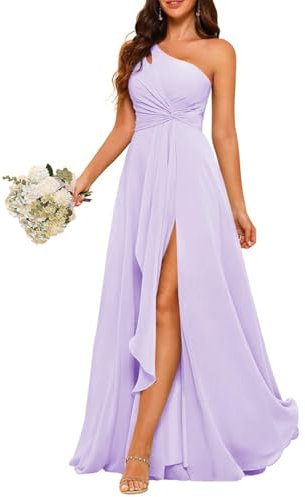 HPPEE Chiffon, eine Schulter, Brautjungfernkleid, plissiert, lang, A-Linie, Ballkleid für Damen, Flieder, 36
