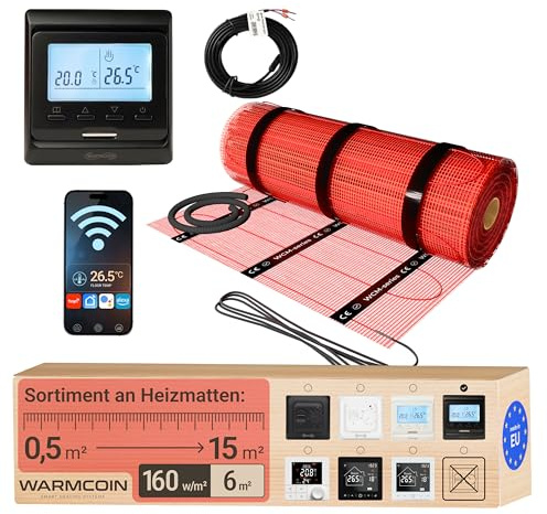 Warmcoin Elektrische Fußbodenheizung Komplettset 160 W/m² – Selbstklebende Heizmatte für Fliesen, Laminat, Vinyl & Parkett – 6 m² (0,5 x 12 m) – Inkl. WLAN-Thermostat W51 Schwarz