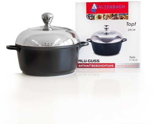 Altenbach Kochtopf Alu-Guss mit 3-facher TEFLON-Antihaftbeschichtung, 32 cm, Für alle Herdarten, Glasdeckel mit Dampfaustritt, Spülmaschinengeeignet (Express Kochtopf Rund 24 x 11,5cm(AT24N))