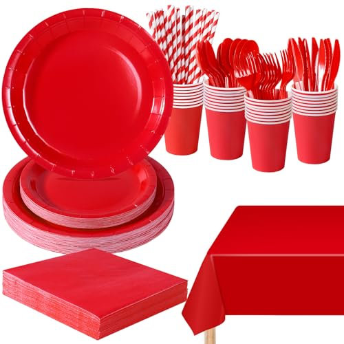 PYAILI 193 Pcs Red Party Tableware Set, Paper Plates Cups Napkins Tablecloth, Dinnerware Set for Kids Adult Birthday,Wedding,Baby Shower Party Tableware