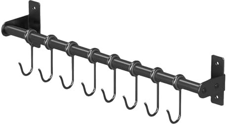 MEETOZ Kitchen Utensil Holder Hanger, Utensil Rack 40cm, Aluminium Kitchen Rail with 8 Hanging Hooks, Bathroom Towel Bar, Wall Mounted Hanger, Organizer for Hanging Knives, Pot and Pan(Gray)