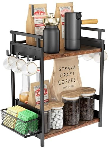 KLM Kaffeebar-Zubehör-Organizer, 2-stöckiges Holz-Küchenthekenregal, Gewürzregal, Organizer für Tassen, Tassen, Creme, Sirup