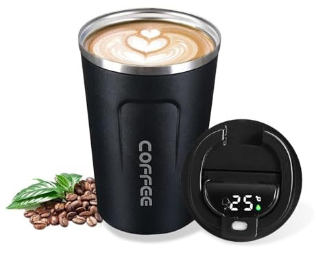 AMFUN Taza de café 380ML, Negro Taza de Viaje de Acero Inoxidable, Taza de Automóvil de Doble Pared de Aislamiento Taza con Pantalla Inteligente Indicador de Temperatura