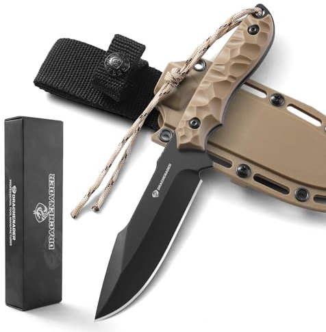 DRACHENADER Messer Outdoor B-ER-DROP POINT, Full Tang Gürtelmesser, Jagdmesser 12, 8 cm aus 5Cr14MoV Stahl, Outdoor Survival Messer mit Scheide, für Camping, Klinge Schwarz + ABS Griff Khaki