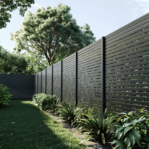 Aluminium Zaun OLINDA Anthrazit 14,68 x 1,8 m – Lamellengröße: 21 x 45 x 1780 mm – Aluminium und Verbundholz