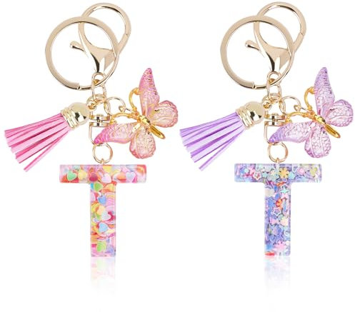 Mulaibdin 2 Pièces Porte Clef Personnalisable, Porte Clef Femme Original Chic, Porte Clef Lettre Simple, Idee Cadeau pour Femme Maman, Papillon Porte Clés Initial pour Voiture,Moto,Sac (T)