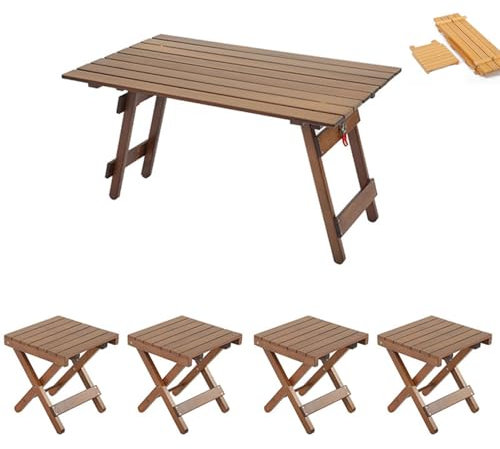 Set di 5 tavolini pieghevoli portatili in legno leggero, mobili da patio, tavolo da picnic, sgabello per giardino, piscina, campeggio, colore legno originale