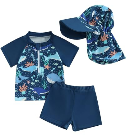 Maillot de Bain Bébé Garçon Anti UV T-Shirt Manches Courtes et Short de Bain Ensemble 3 Pièces Costume de Natation Piscine Plage (Bleu Requin, 12-18 Months)