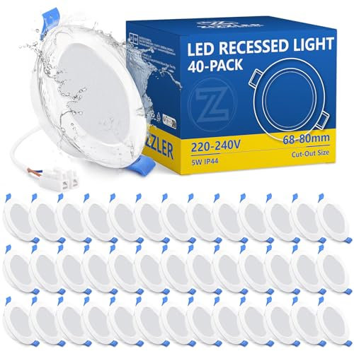 ZIZZLER LED Einbaustrahler 230V Flach, LED Spots 68-80mm Lochmaß, Kaltweiß Deckenspots, IP44 Einbauleuchten für Badezimmer Feuchtraum, 5W 6000K Einbauspots für Küche Schlafzimmer Wohnzimmer, 40er Set
