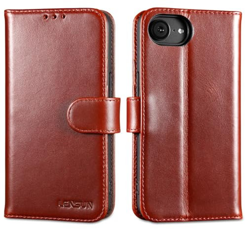 LENSUN Echtleder Hülle für iPhone 16e, Handyhülle [Echtes Leder][RFID Blocking][Kartenfach] Handytasche Handy Lederhülle Kompatibel mit iPhone 16e - Dunkelbraun